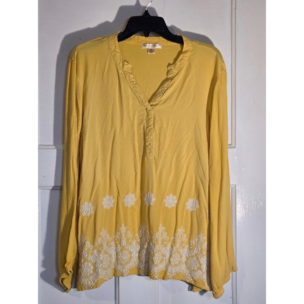 Studio West Apparel Womens XXL Yellow Embroidered Long Sleeve Rayon Blouse Top